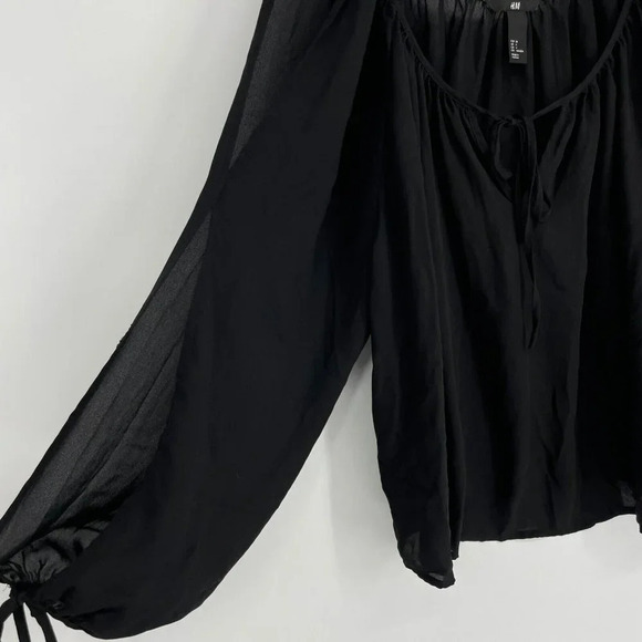 H&M Blouse Women's 4 Black Sheer Keyhole Round Neck Front Tie Split Long Sleeves - Picture 6 of 7